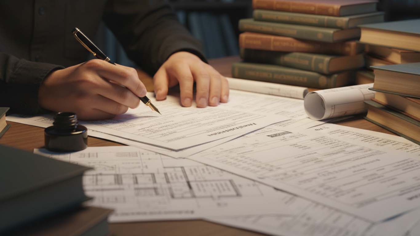 夜、技術士試験へ向けて勉強をしている男性の手元