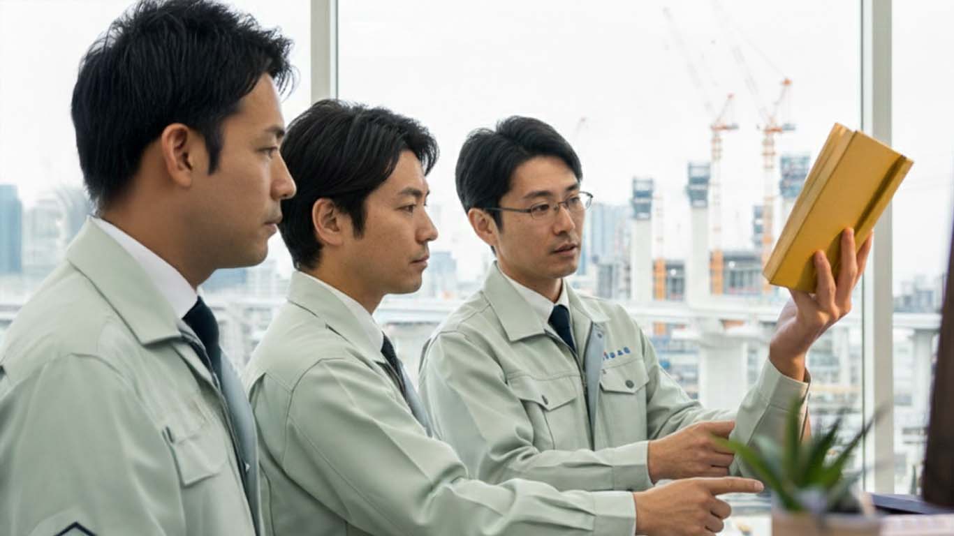 仲間と勉強する施工管理の男性