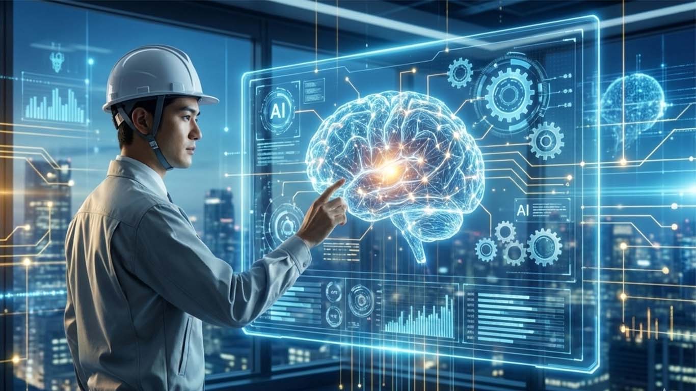 AIを使用して技術士試験の勉強をする技術者の男性を示唆