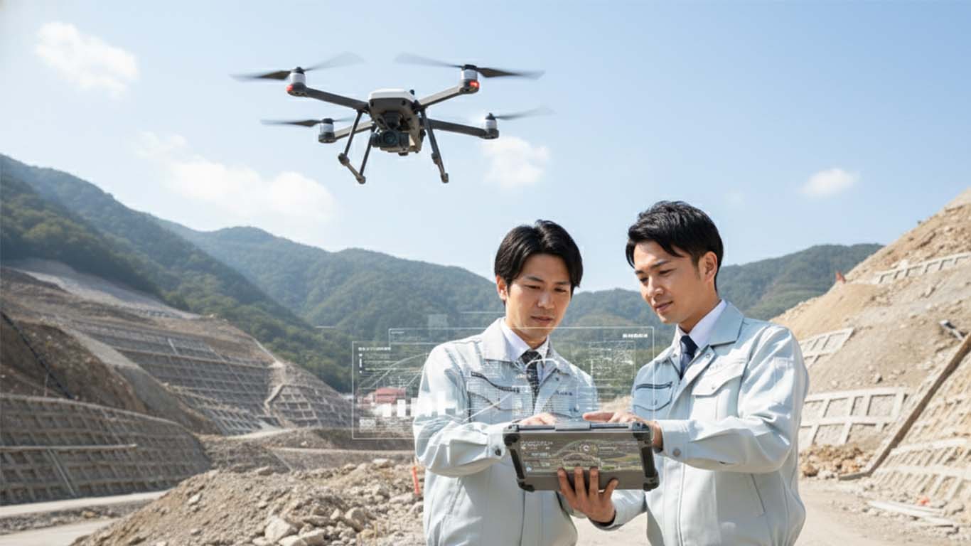 災害地でドローンを使って復興の道筋を考える１級土木施工管理技士たち
