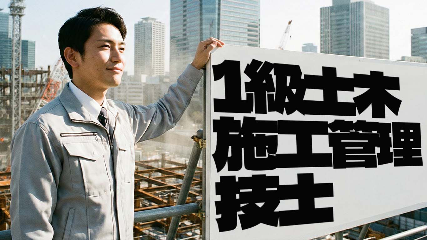 「１級土木施工管理技士」の看板に誇らしげな男性