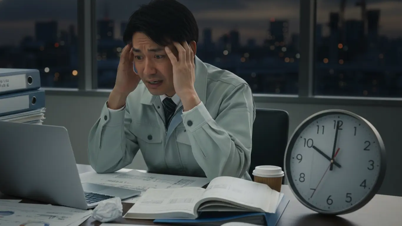 深夜残業で悩む１級土木施工管理技士の男性